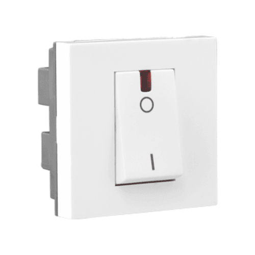 Legrand Allzy 32A DP 1-Way Switch with Indicator – white 2-module modular switch designed for high-power appliances, featuring a built-in LED indicator for on/off status.