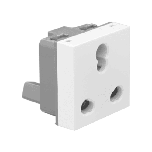 Legrand Allzy 6/16A 3-Pin Socket with Shutter – white 2-module modular socket designed for 240V AC, featuring safety shutters and ISI certification.