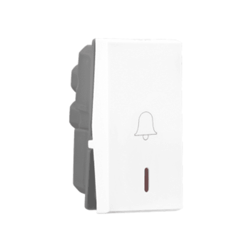 Legrand Allzy 6A Bell Push 1-Way with Indicator – white 1-module modular switch featuring a bell symbol and LED indicator, suitable for residential and commercial use.