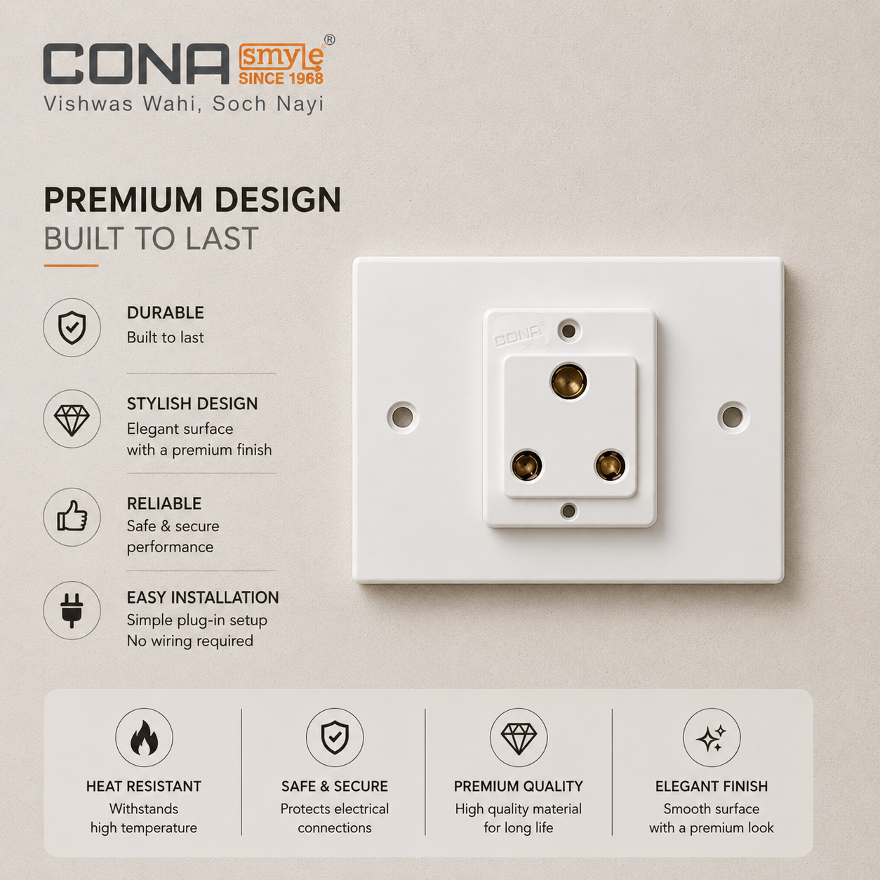 Cona Deluxe White 6A 3 Pin Socket