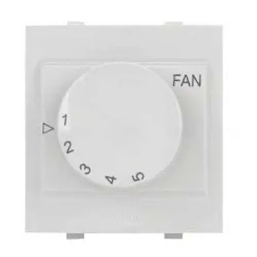 Anchor Roma Classic 2 Module 5-Step Fan Regulator – white modular fan speed controller designed for 240V AC, featuring a rotary knob for precise airflow control.