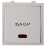 Anchor Roma 32A Double Pole (DP) 1-Way Switch with Indicator – white 2-module modular switch designed for 240V AC, featuring a built-in LED indicator for clear on/off status indication.
