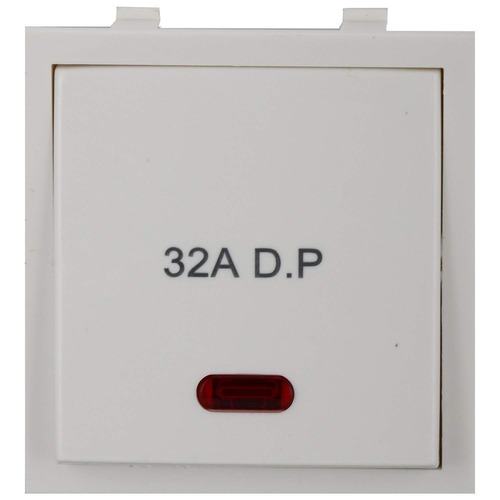 Anchor Roma 32A Double Pole (DP) 1-Way Switch with Indicator – white 2-module modular switch designed for 240V AC, featuring a built-in LED indicator for clear on/off status indication.