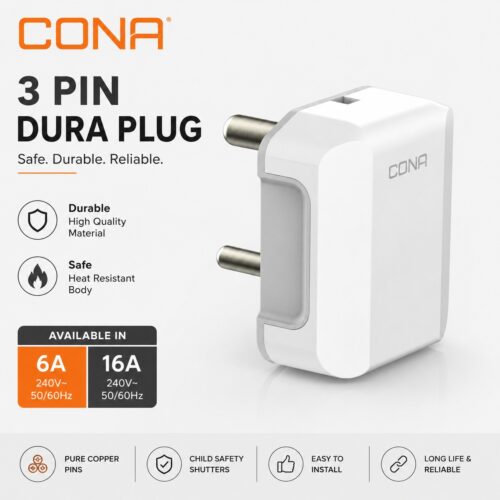Cona Dura 3 Pin Plug 6A 16A Heavy Duty Plug Top White