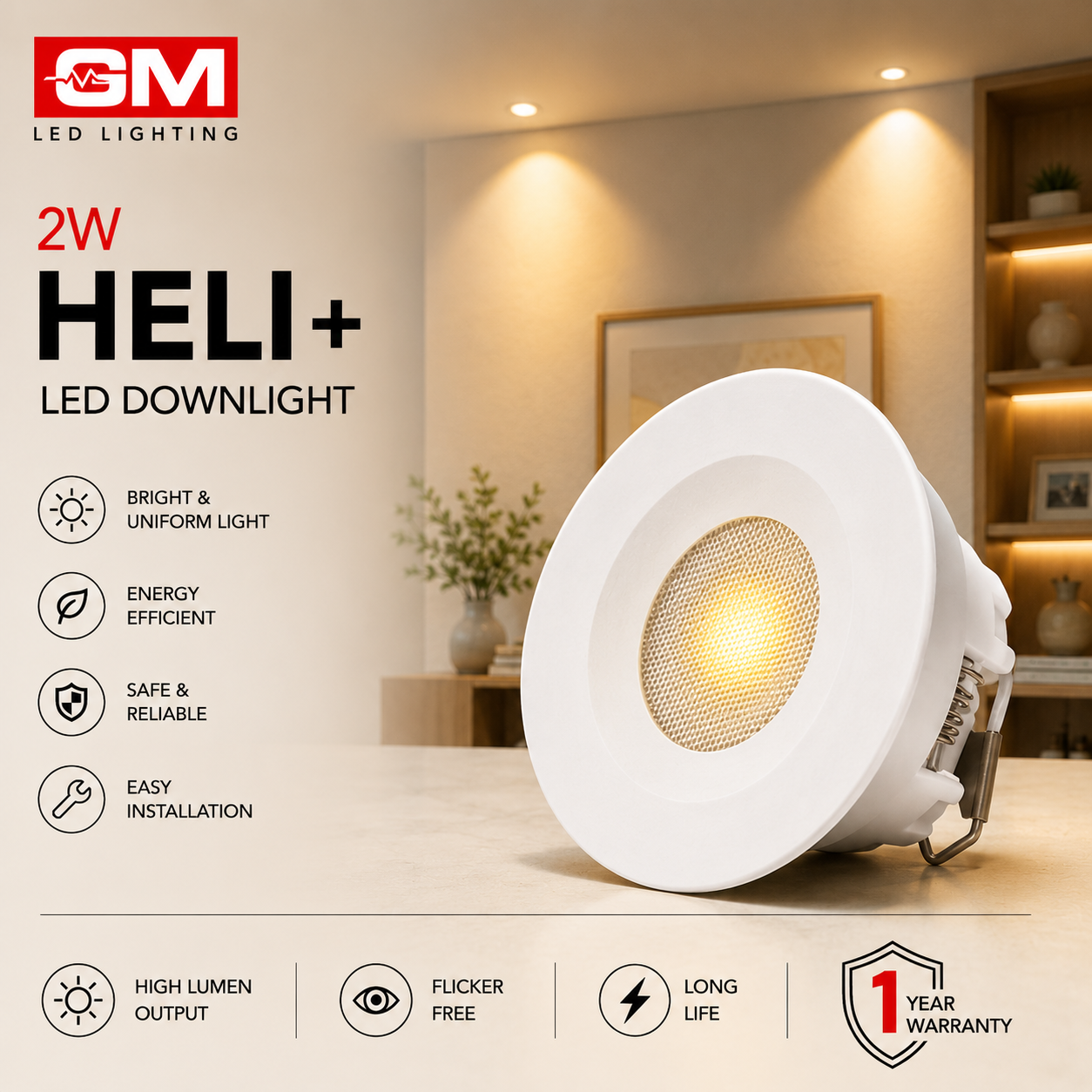 GM 2W Heli+ Downlight Warm White