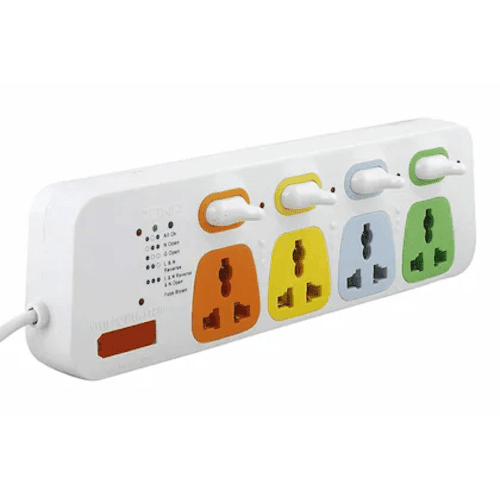 Cona Deluxe Viva 4+4 Spike Guard with 5-meter cord – white body with colored sockets, ideal for home and office use