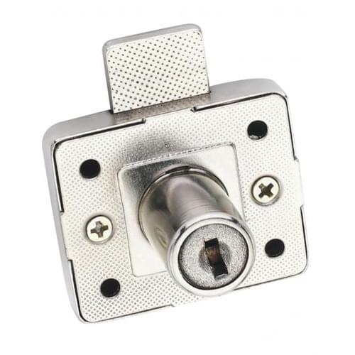 Jainson Multipurpose Atom Lock – compact zinc alloy furniture lock with satin finish, featuring iron levers and two keys, suitable for securing cabinets, drawers, and lockers.