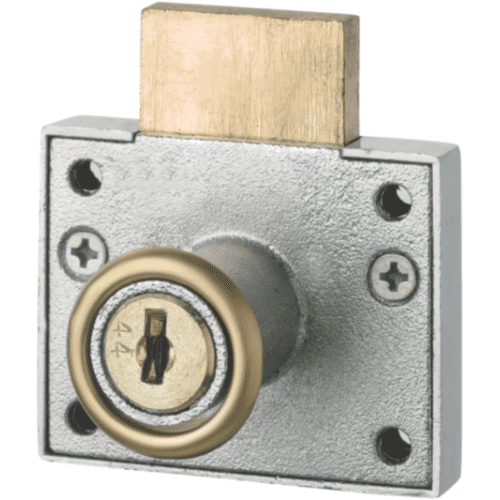 Jainson Multipurpose D/A Lock – compact 22mm zinc alloy furniture lock with satin and brass finish, featuring a dual-turn deadbolt mechanism and two brass-plated keys, suitable for securing cabinets, drawers, and lockers.