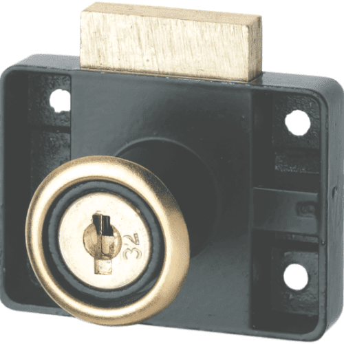 Jainson Multipurpose Gold Lock – compact 22mm zinc alloy furniture lock with powder-coated gold finish, featuring dual-turn deadbolt and two brass-plated keys, suitable for securing cabinets, drawers, and lockers.