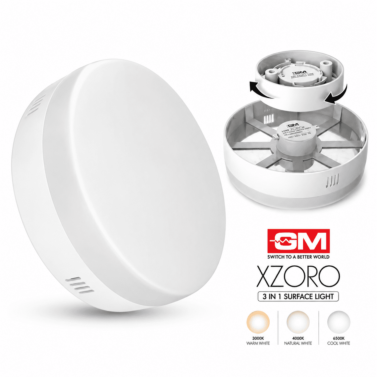 GM XZORO 3-in-1 Surface Light 7W 9W 12W 20W Cool Neutral Warm White LED