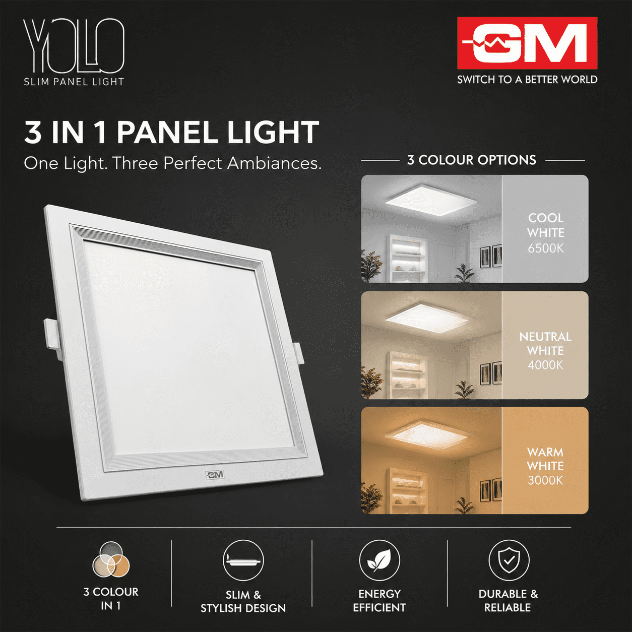 GM YOLO 3-in-1 LED Panel Light Square