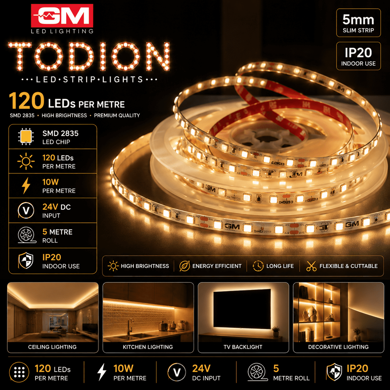 GM TODION 120 LED Strip Light 5mm – Warm White