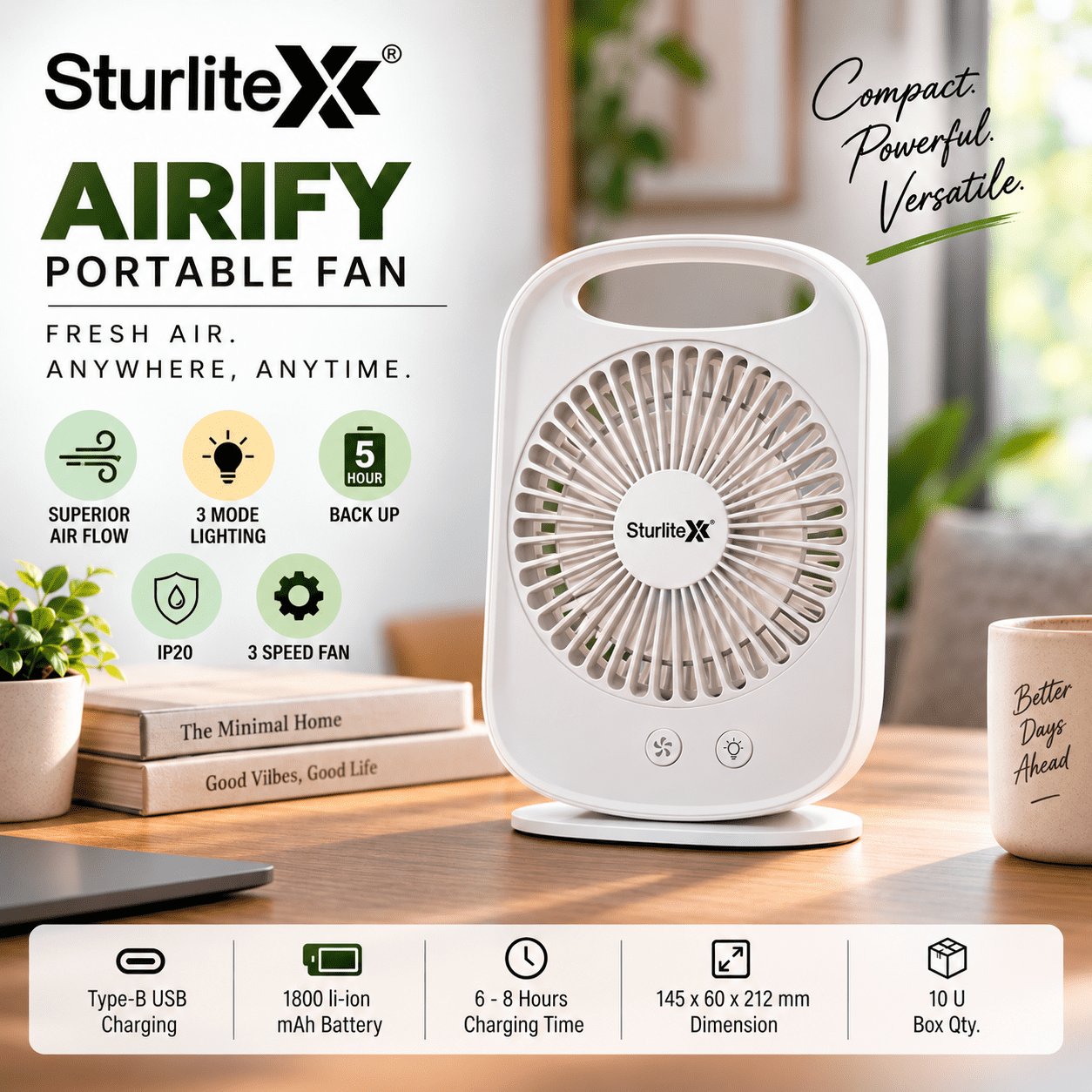 Sturlite Airify Portable Fan 1800mAh Rechargeable Fan