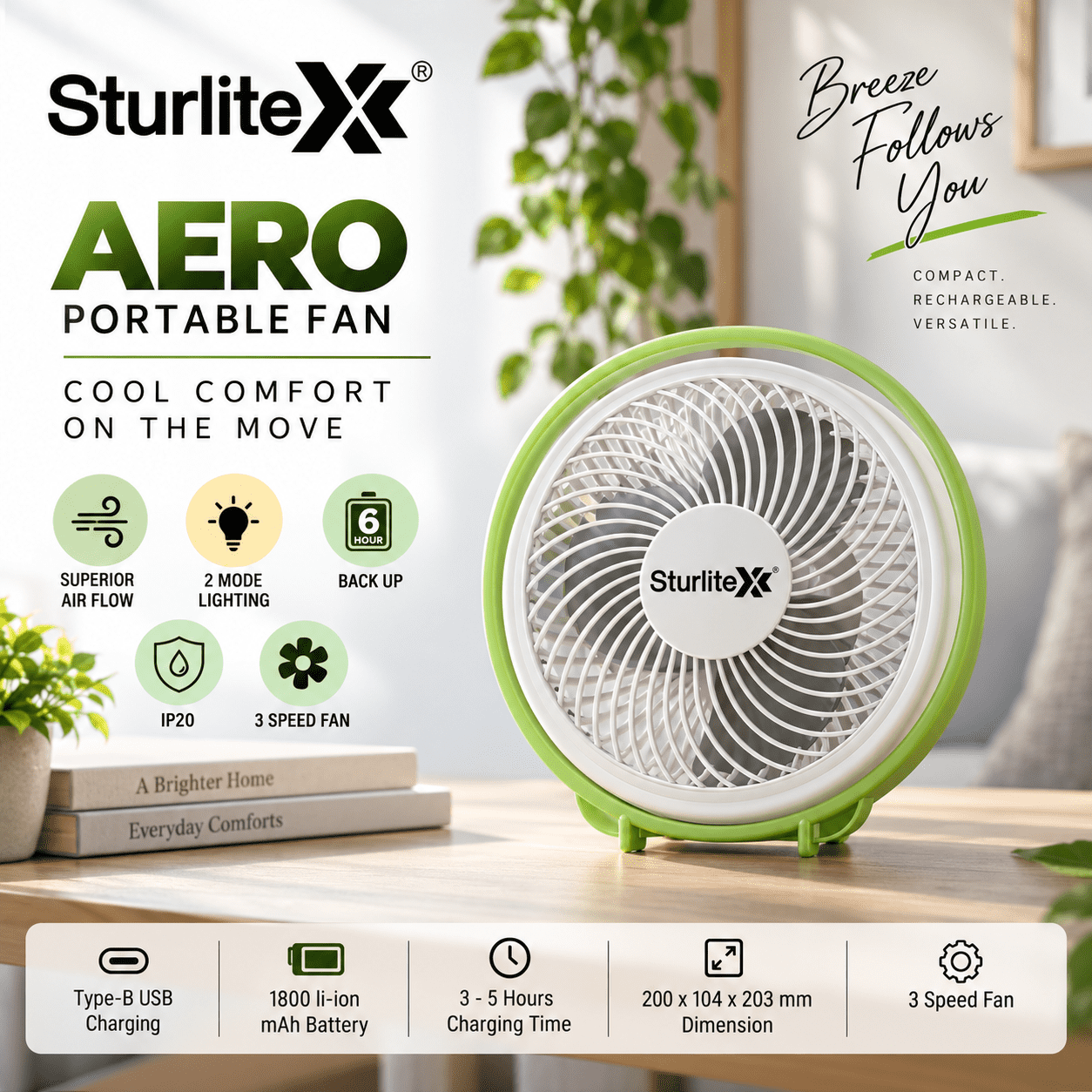 Sturlite Aero Portable Fan 1800mAh Rechargeable Fan